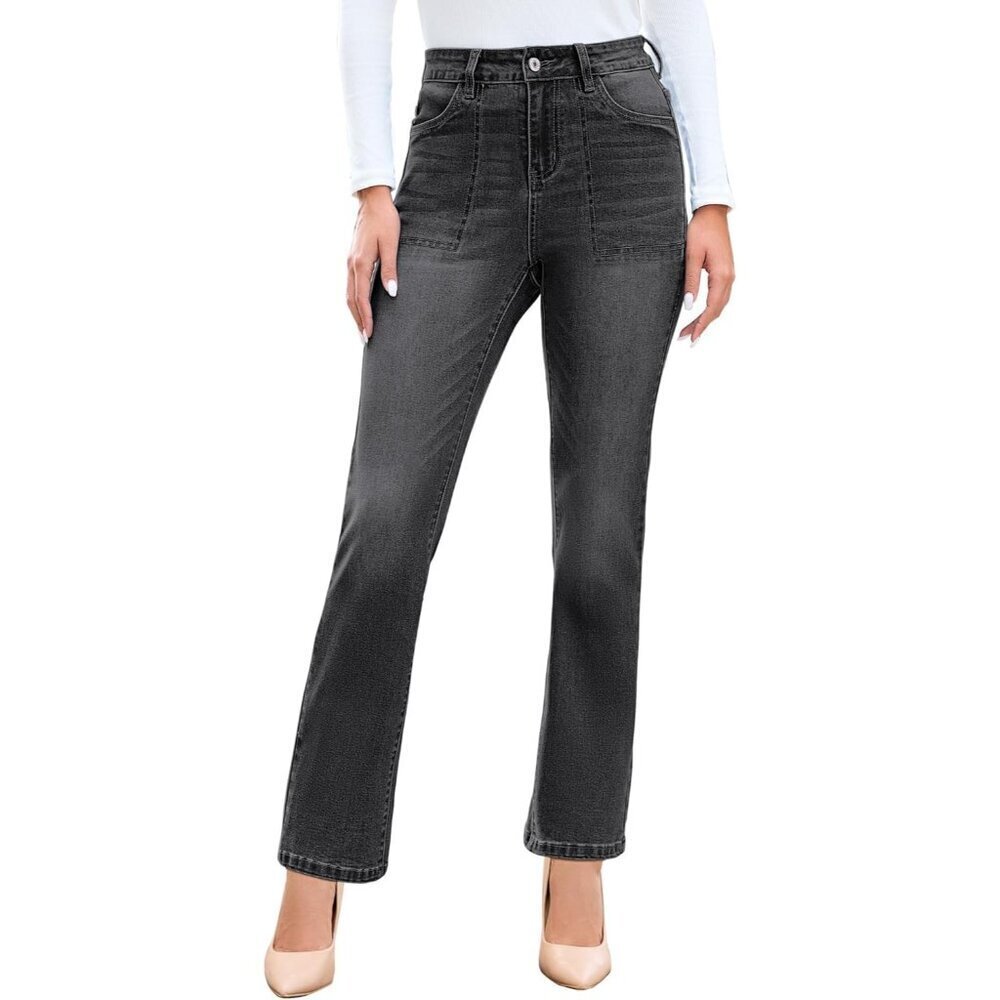 Bootcut Jeans Women High Waisted Stretch Denim Patch Pockets Casual